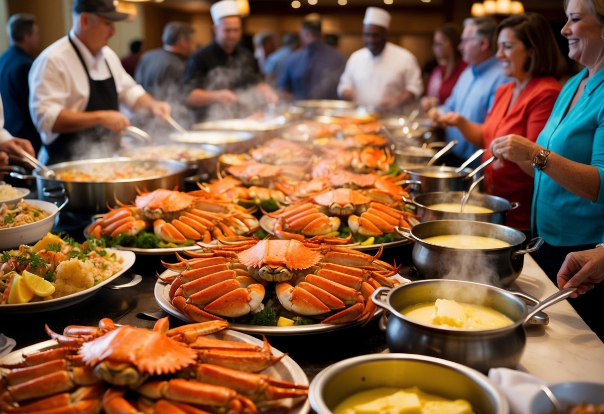 A bustling seafood buffet with overflowing platters of succulent crab legs, steaming pots of butter, and eager diners enjoying the all-you-can-eat feast