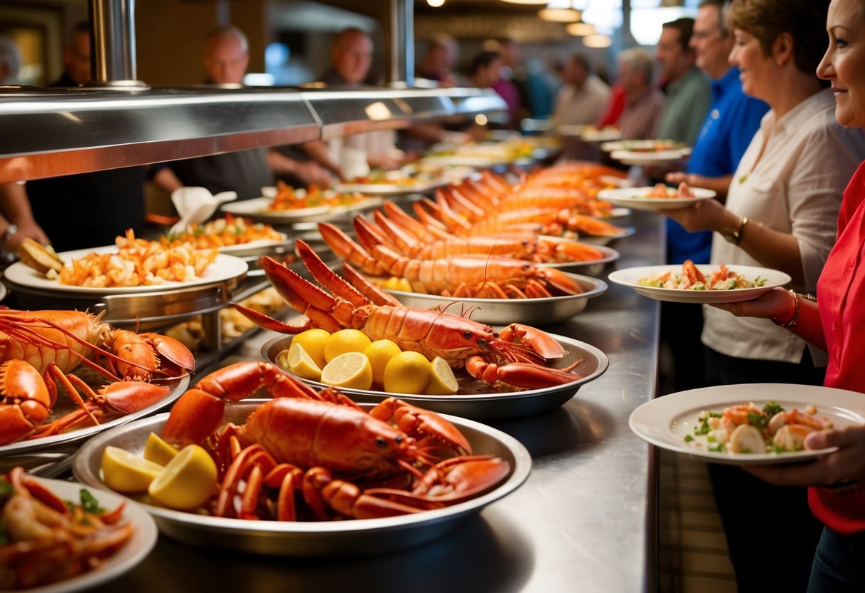 A crowded seafood buffet with overflowing platters of lobster, crab legs, and shrimp. Diners eagerly line up, plates in hand, ready to indulge in the Half-Price Lobster Wednesdays promotion