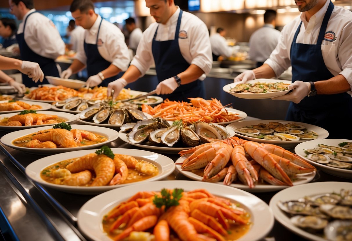 A bustling seafood buffet with overflowing oysters, crab legs, and shrimp. Customers eagerly fill their plates while servers replenish the never-ending spread