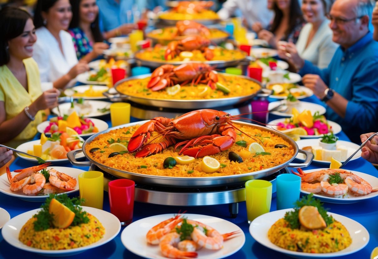 A vibrant seafood buffet with paella, lobster, and shrimp. Tables adorned with colorful decorations and surrounded by happy diners