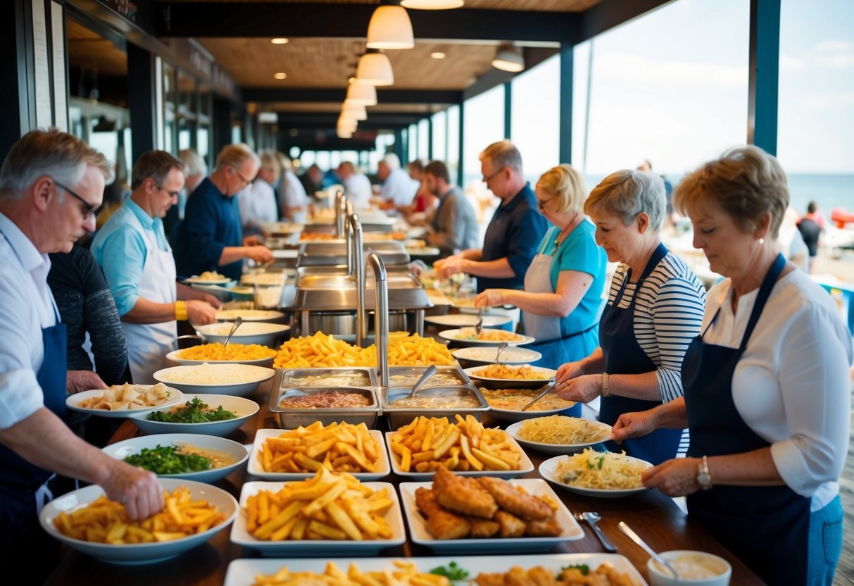 A bustling seaside restaurant with a colorful spread of fish, chips, and seafood dishes on a buffet table. Customers eagerly line up to fill their plates