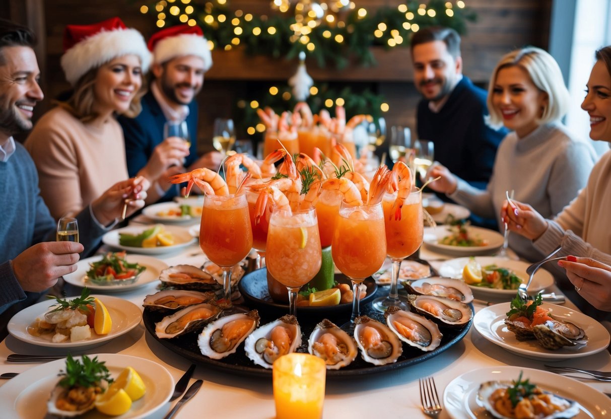 A table overflowing with prawn cocktails, oysters, and other seafood delicacies, surrounded by festive decorations and happy diners
