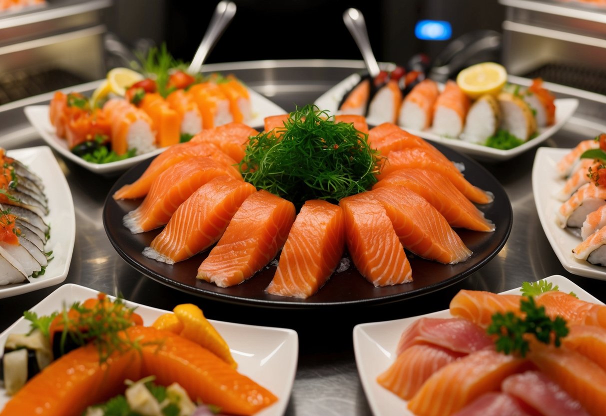 A platter of fresh salmon sashimi surrounded by an assortment of other seafood delicacies on a buffet table