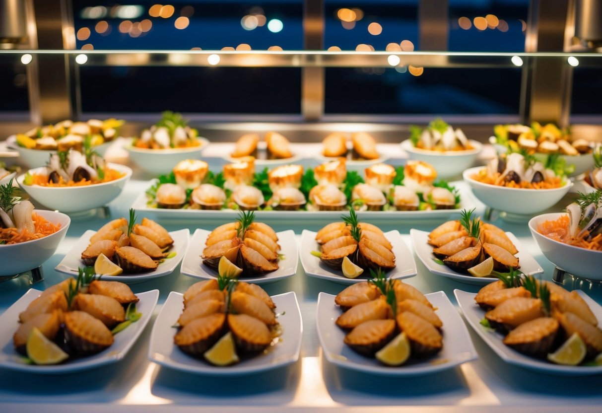 A lavish seafood buffet display featuring an array of scallop dishes under soft evening lighting