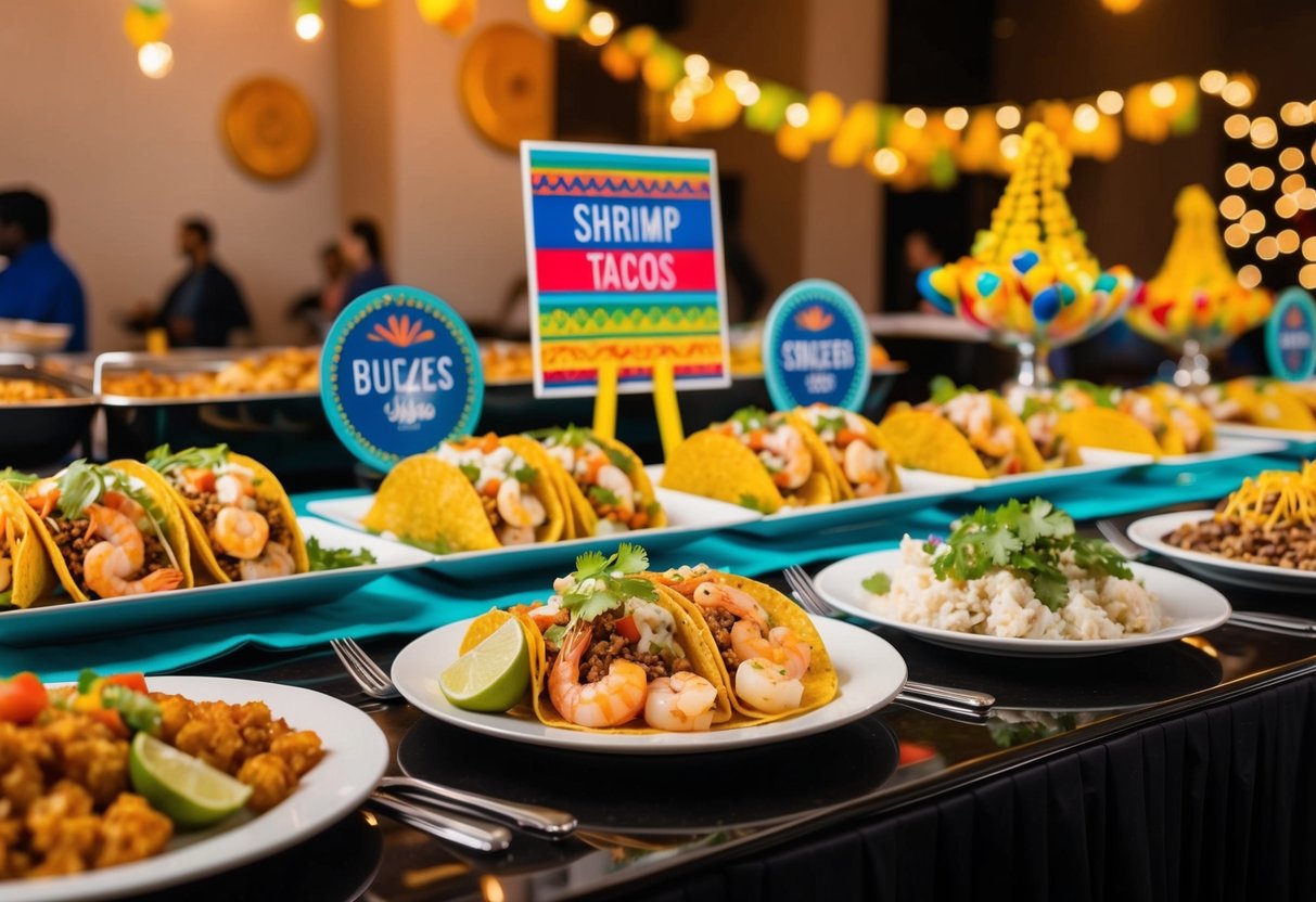 A colorful spread of shrimp tacos and seafood dishes displayed on a buffet table with decorative signage and festive atmosphere