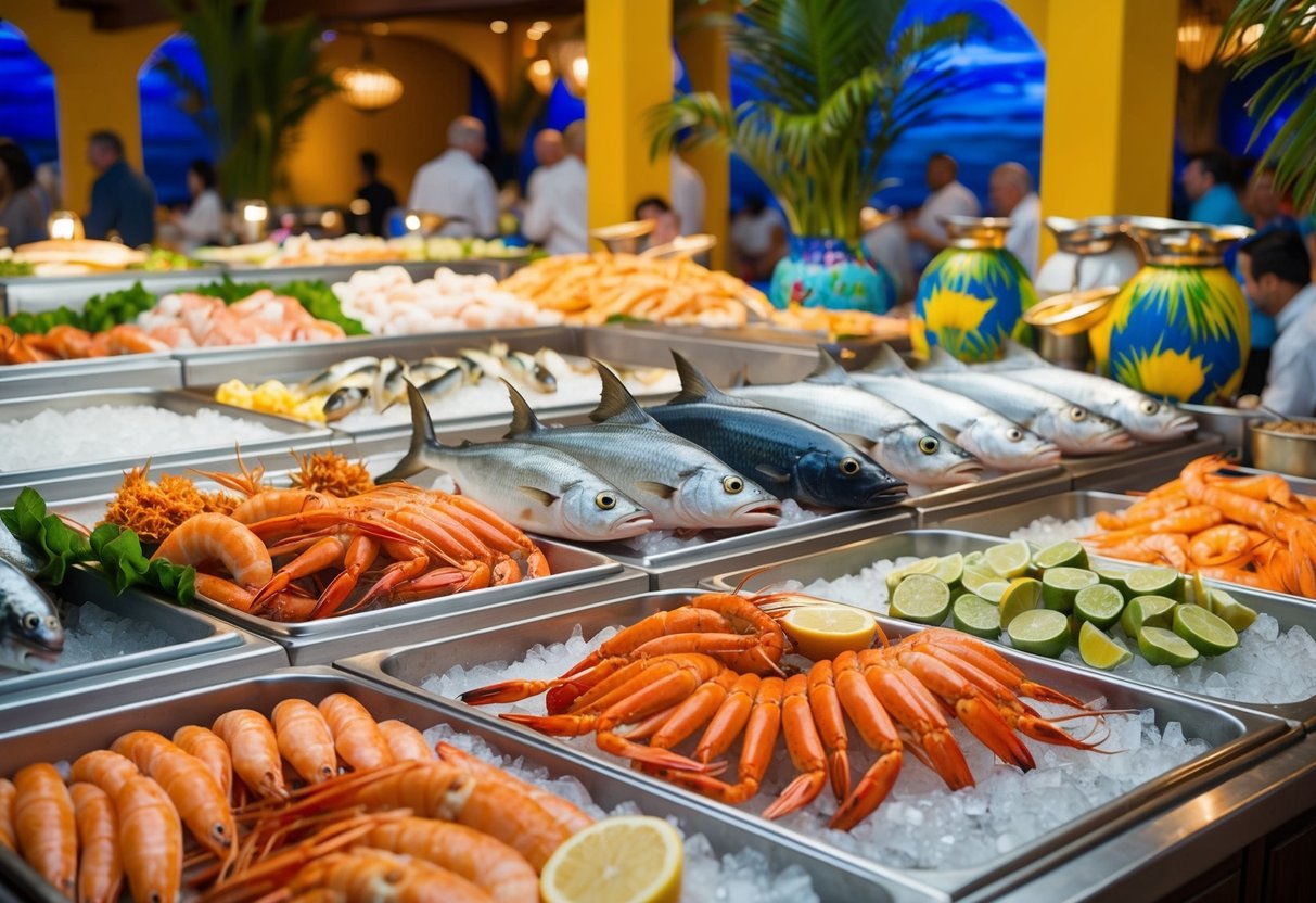 A bustling seafood buffet with a variety of fresh fish, shrimp, crab legs, and other ocean delights displayed on ice beds and surrounded by vibrant, tropical decor