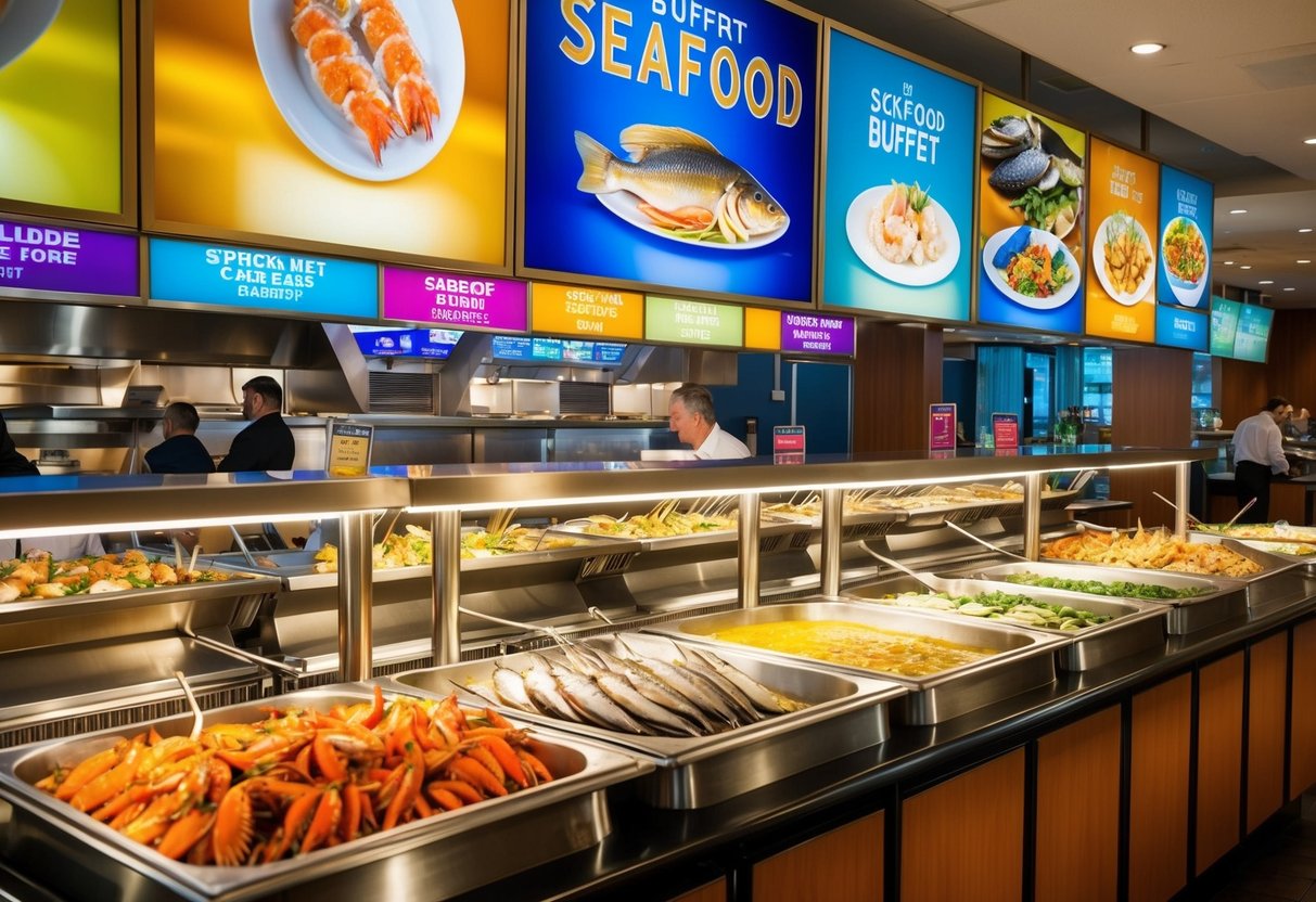 A vibrant seafood buffet with colorful displays and enticing signage. Tables filled with fresh seafood dishes and a bustling atmosphere