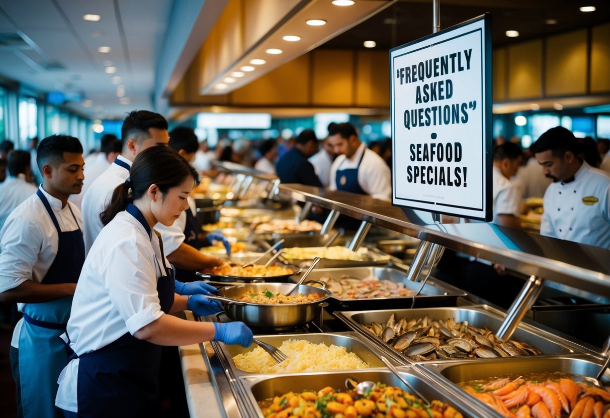 A crowded seafood buffet with people lining up, servers replenishing dishes, and a sign promoting the "Frequently Asked Questions" seafood specials