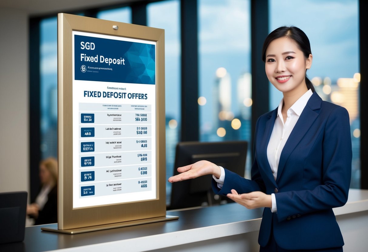 A bank teller presenting a promotional poster for SGD fixed deposit offers. The poster includes the bank's logo and attractive interest rates