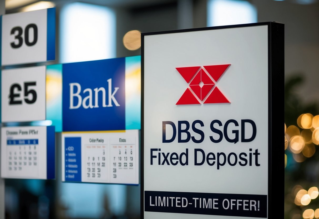 A bank logo displayed next to a sign promoting DBS SGD Fixed Deposit Deal, with images of currency symbols and a calendar indicating a limited-time offer