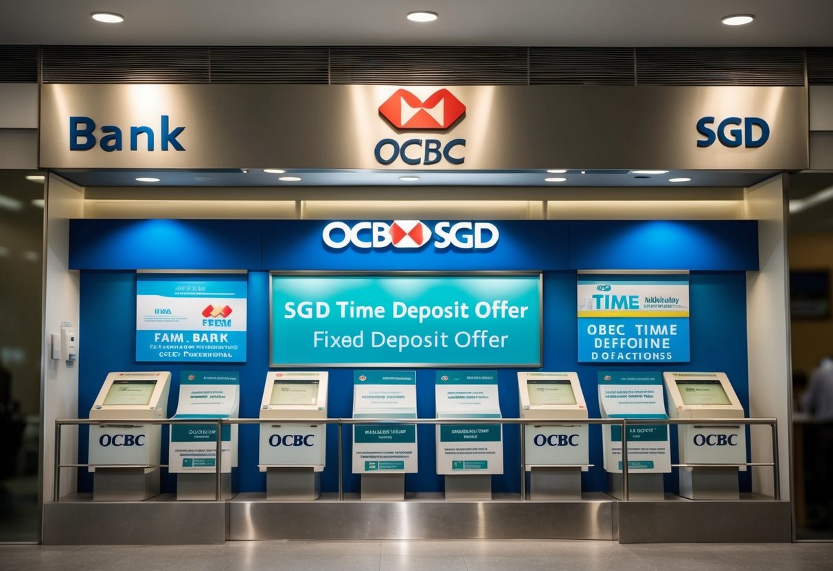 A bank branch with a prominent display of "OCBC SGD Time Deposit Offer" signage and promotional materials for SGD fixed deposit promotions