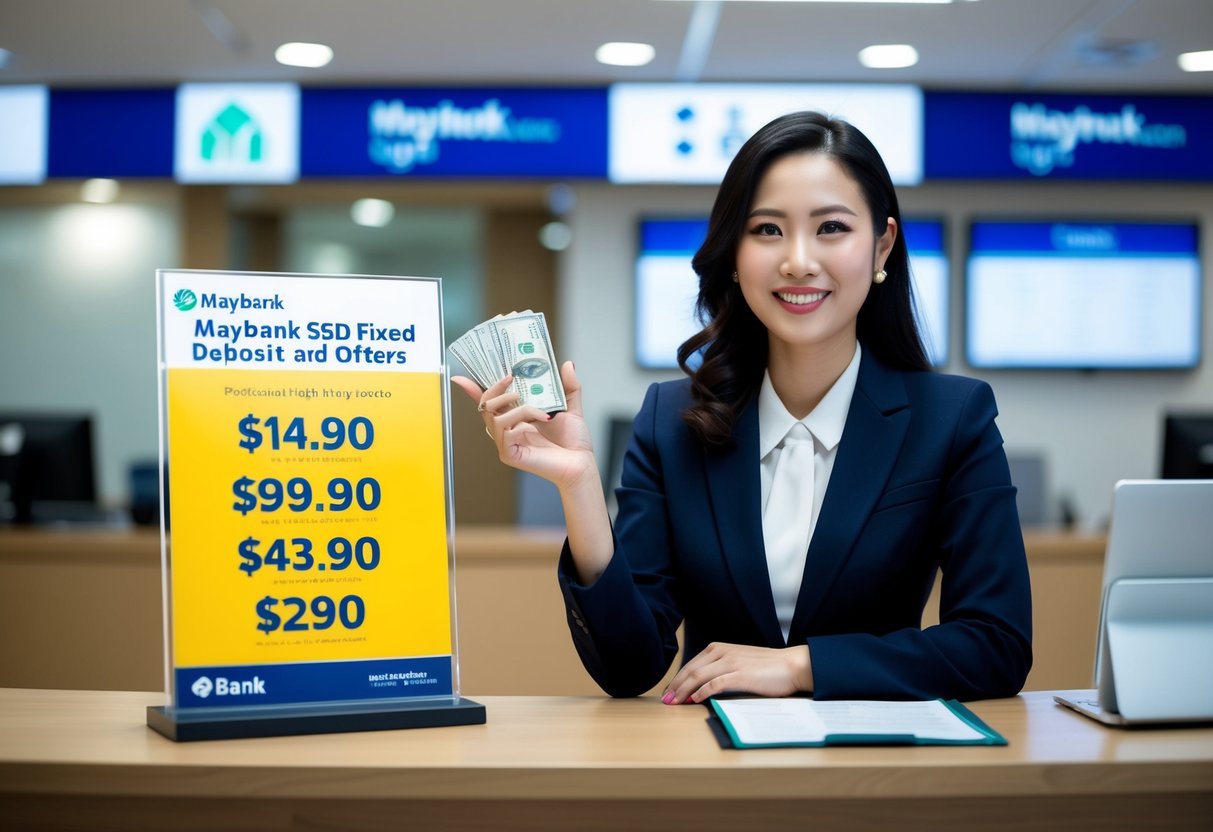 A bank teller presenting a promotional display of Maybank SGD fixed deposit rates and offers
