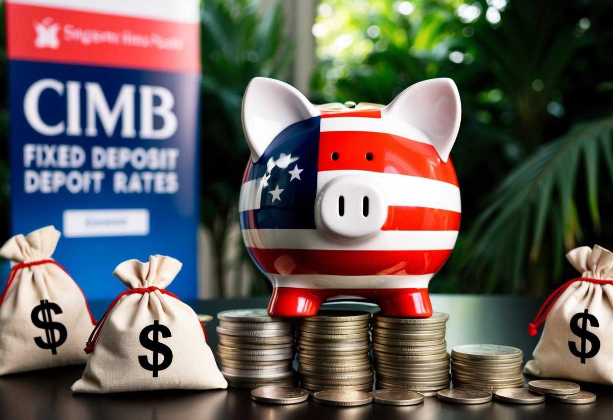 A piggy bank with a Singaporean flag design sits on a stack of coins, surrounded by money bags and a promotional banner for CIMB's fixed deposit rates