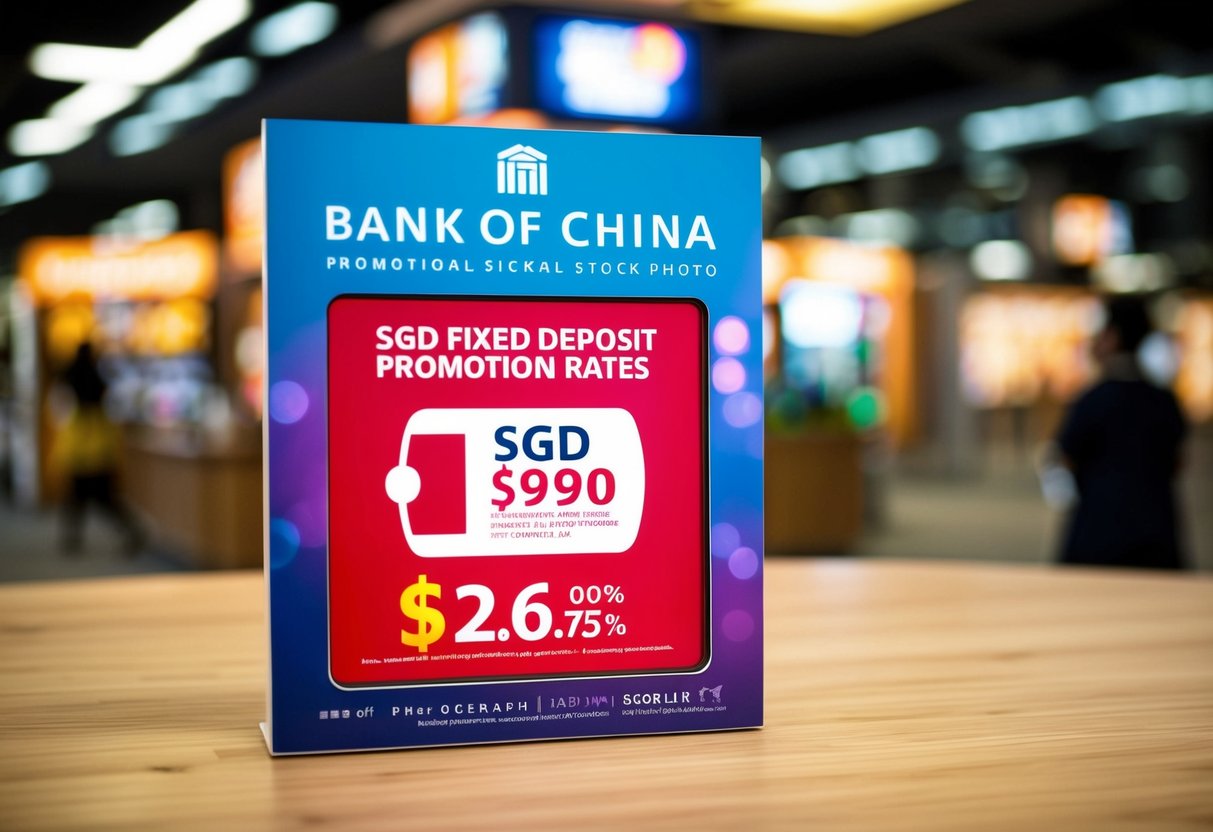 A vibrant Bank of China promotion display with SGD fixed deposit rates prominently featured