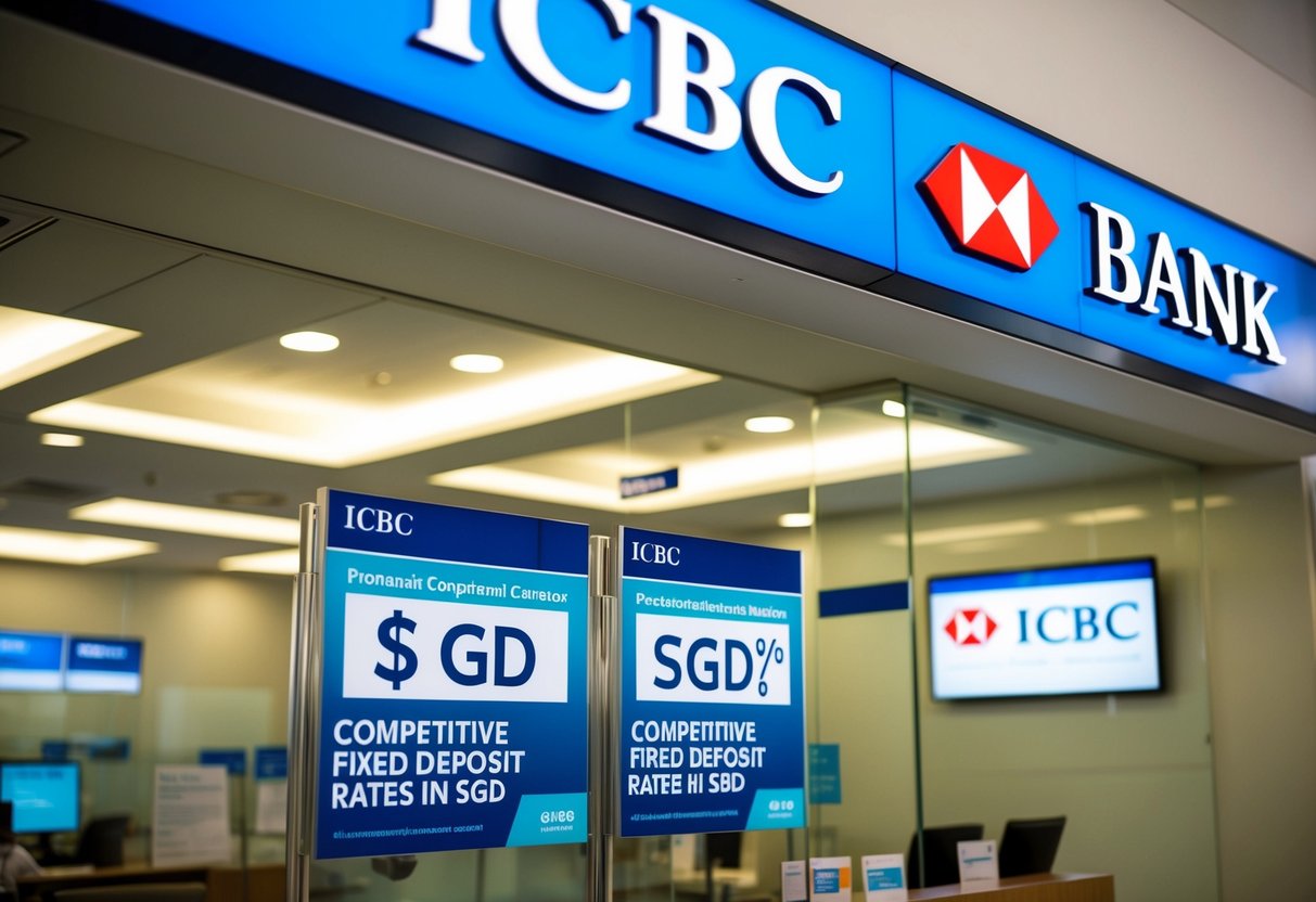 A bank branch with a prominent ICBC logo, displaying promotional materials for competitive fixed deposit rates in SGD