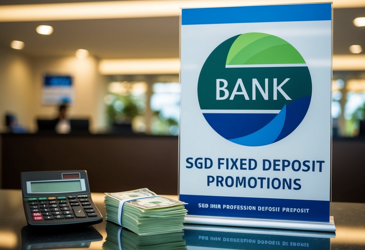 A bank logo displayed next to a sign promoting SGD fixed deposit promotions, with a stack of currency notes and a calculator on the counter