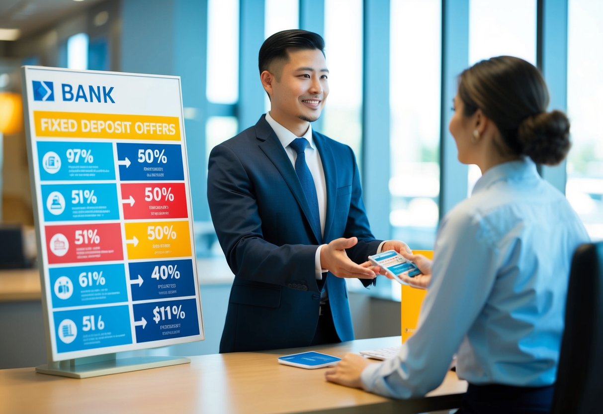 A bank employee presents a promotional display of fixed deposit offers to a customer. Bright colors and clear signage highlight the benefits