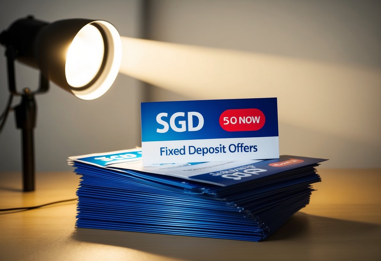 A stack of promotional flyers for SGD fixed deposit offers, with a spotlight shining on them