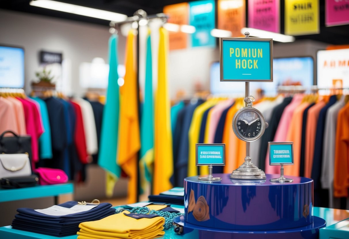 A colorful display of clothing and accessories, with bright banners and promotional signs
