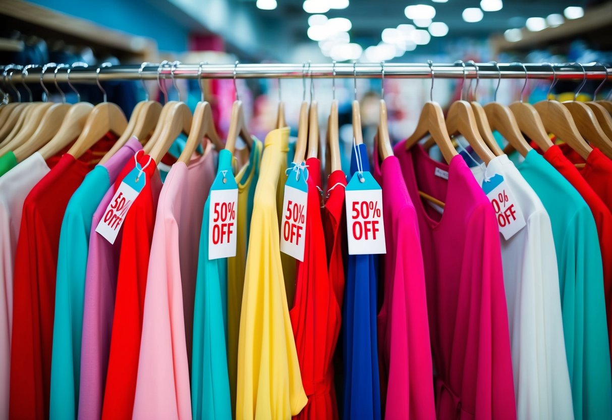 A rack of colorful dresses with "50% off" tags