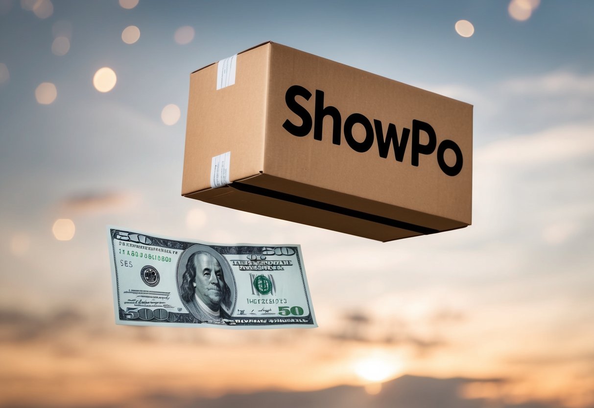 A package with the Showpo logo sailing through the air over a £50 bill