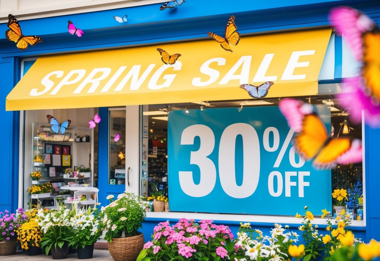 A colorful storefront with a large "Spring Sale 30% Off" banner, surrounded by blooming flowers and fluttering butterflies
