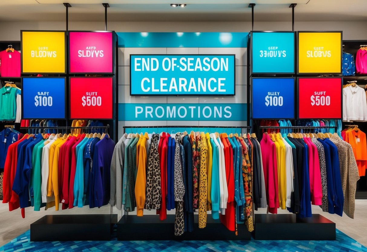 A vibrant display of colorful clothing and accessories arranged in a dynamic and eye-catching manner, with bold signage indicating end-of-season clearance promotions