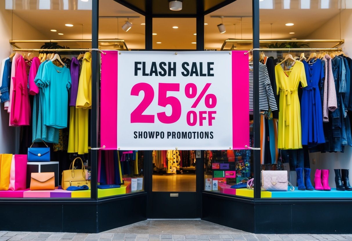 A vibrant storefront with a large "Flash Sale 25% off Showpo Promotions" banner, surrounded by colorful clothing and accessories