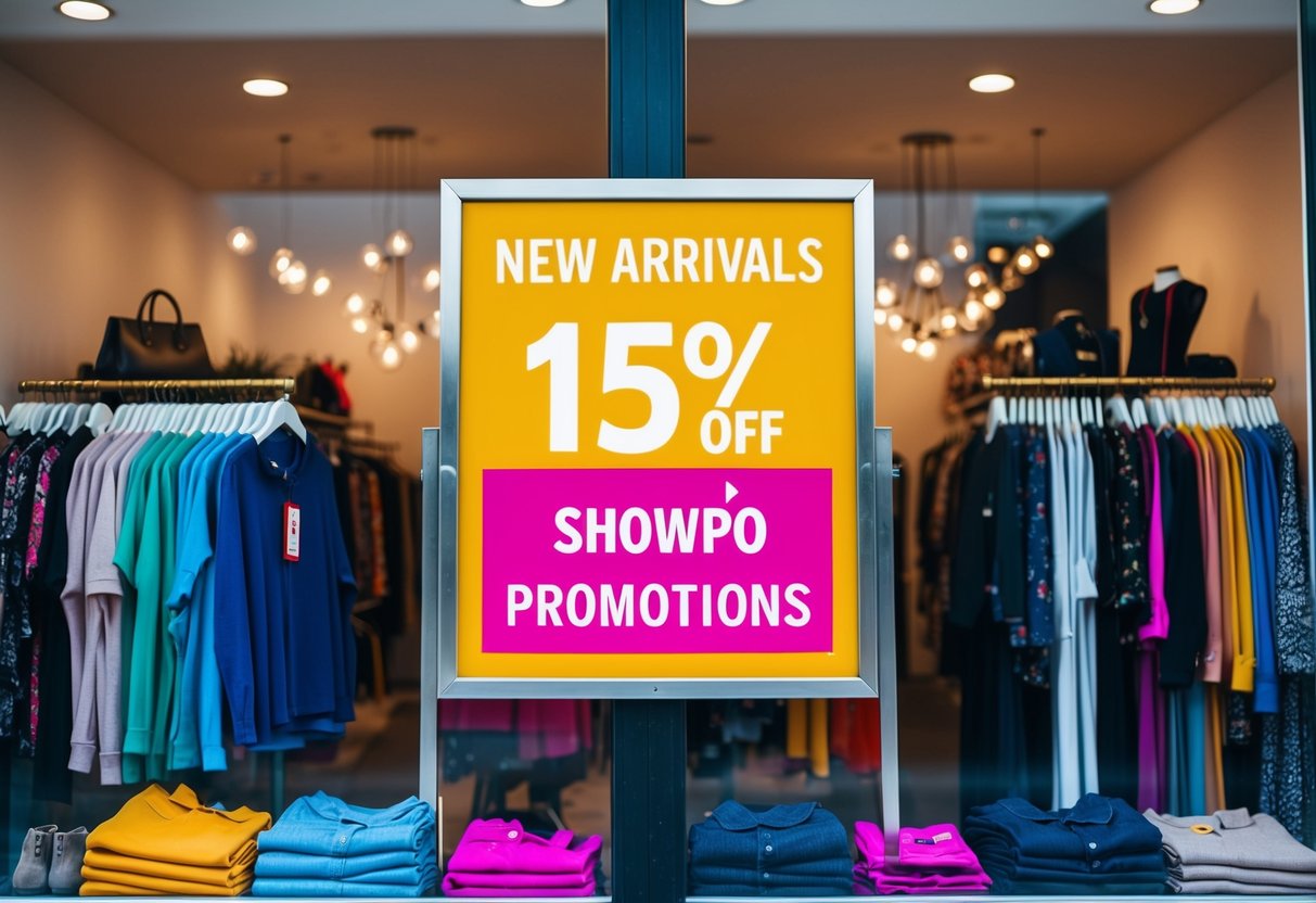 A storefront window with a prominent sign advertising "New Arrivals 15% Off Showpo Promotions," surrounded by colorful clothing and accessories