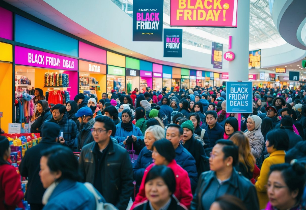 Crowds swarm around colorful displays at a busy mall, grabbing discounted items. Bright signs advertise Black Friday deals