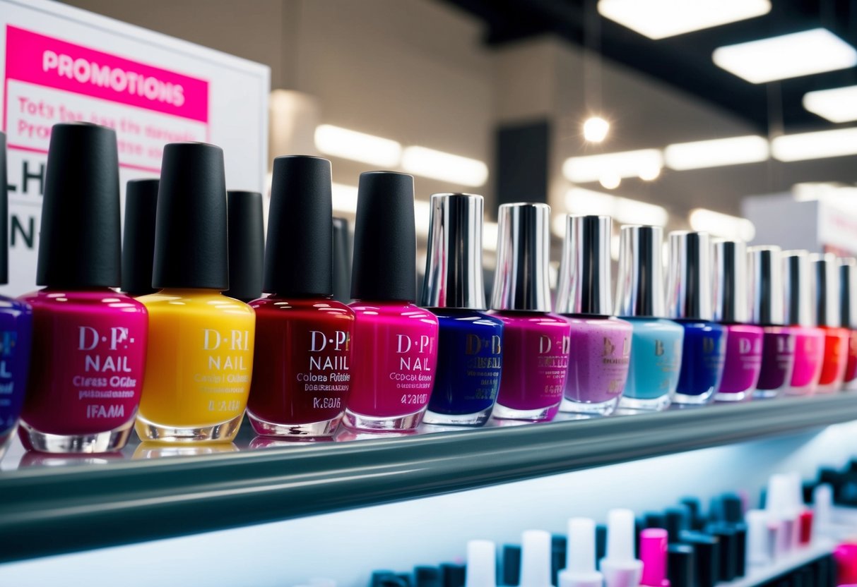 A colorful array of nail polish bottles displayed on a shelf. Bright lights highlight the vibrant colors and a sign advertises promotions