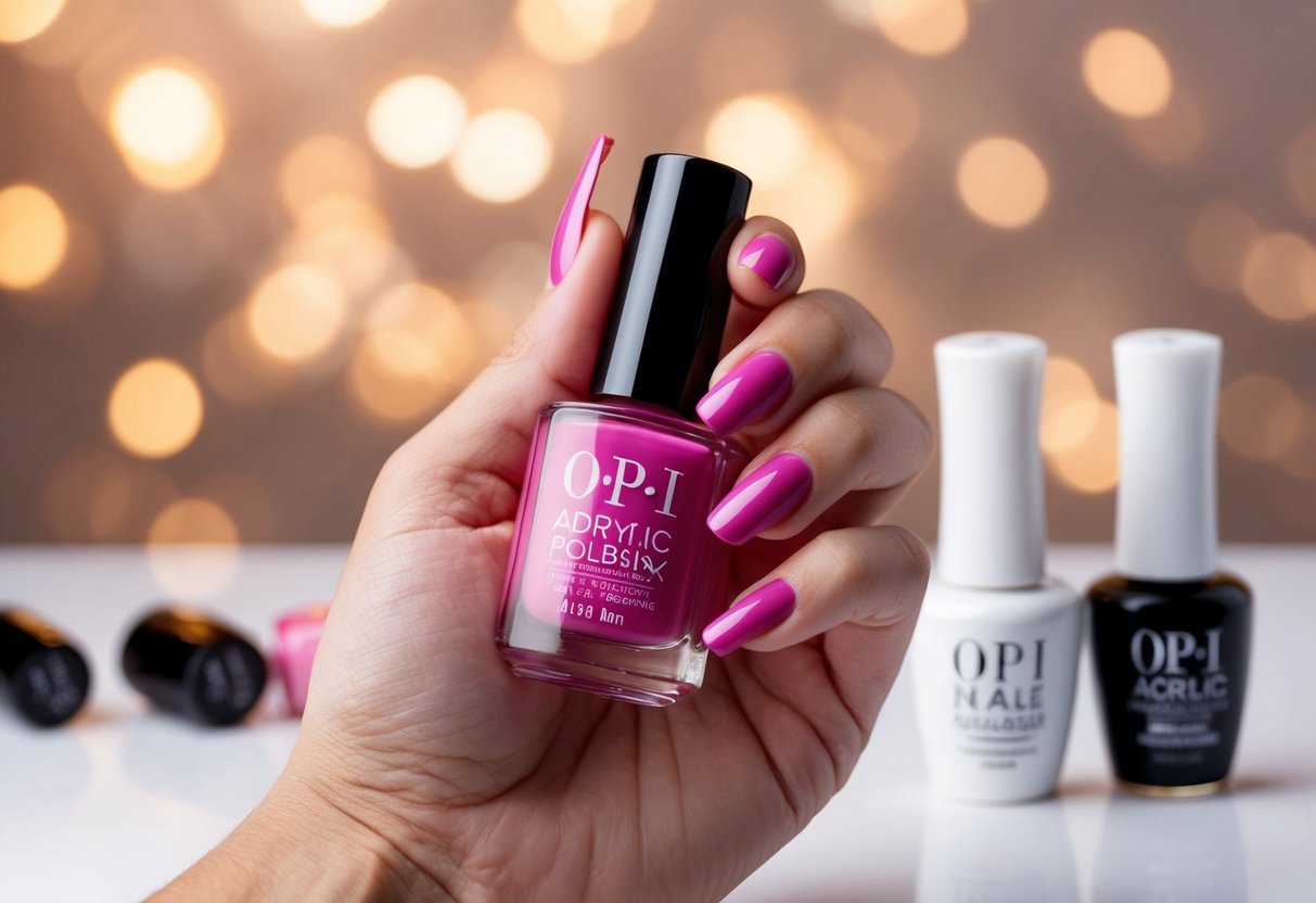 A hand holding a bottle of nail polish with acrylic nail extensions in the background