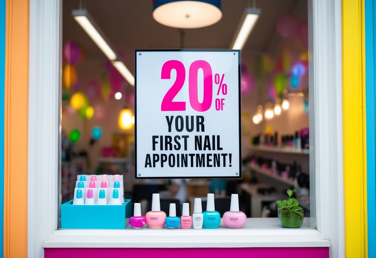 A bright, colorful nail salon with a "20% Off Your First Nail Appointment!" sign displayed prominently in the window
