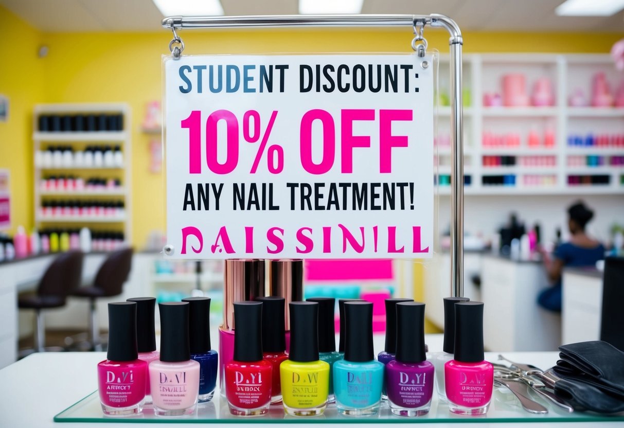 A colorful nail salon with a sign advertising "Student Discount: 10% Off Any Nail Treatment!" Various nail polish bottles and tools on display