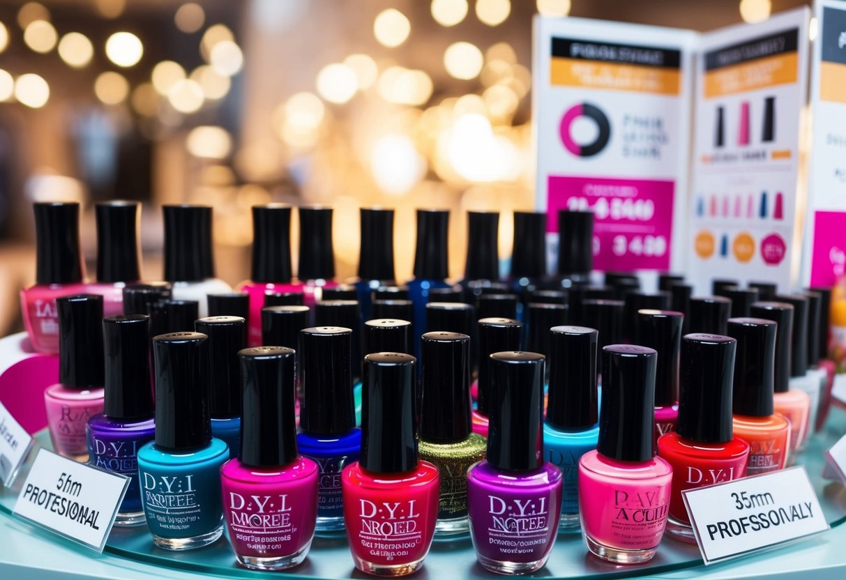 A colorful array of nail polish bottles arranged on a display shelf, surrounded by promotional signage and price tags