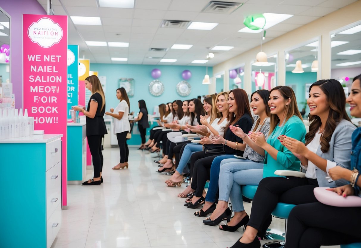 A colorful nail salon with eye-catching promotional displays and a line of excited customers waiting for their turn