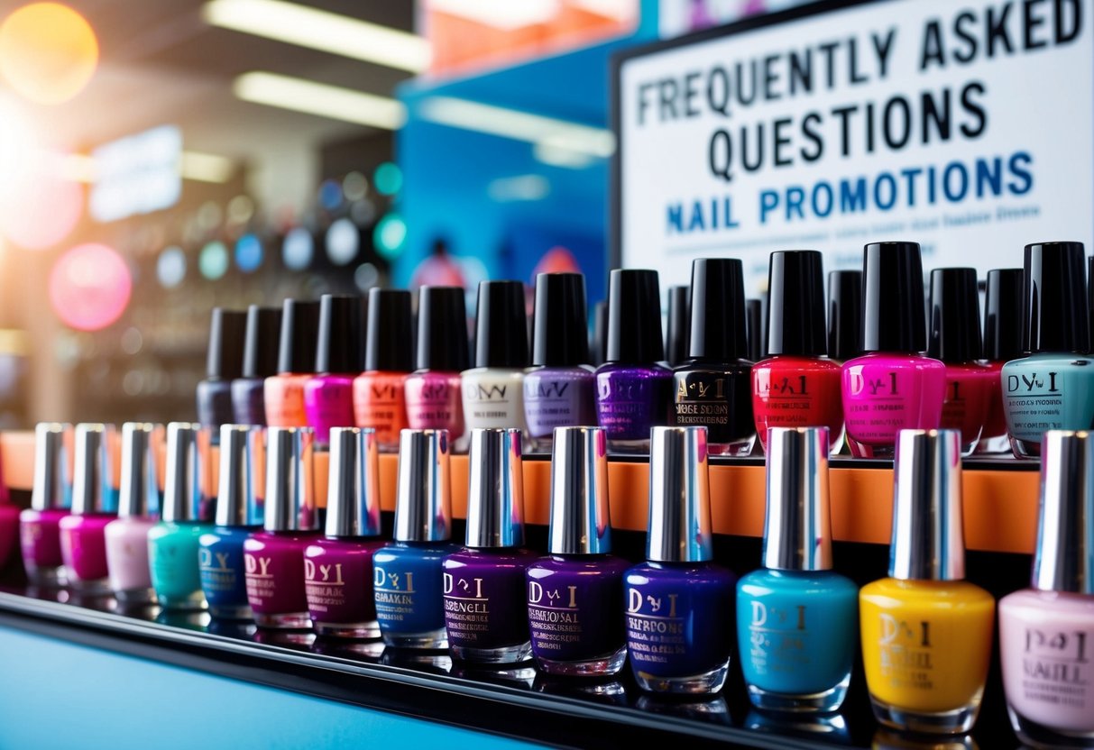 A colorful array of nail polish bottles arranged in a display, with a sign advertising "Frequently Asked Questions" nail promotions