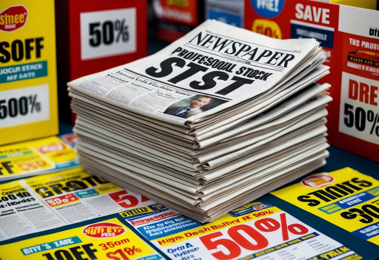 A stack of newspapers with bold headlines, surrounded by promotional items and discount stickers