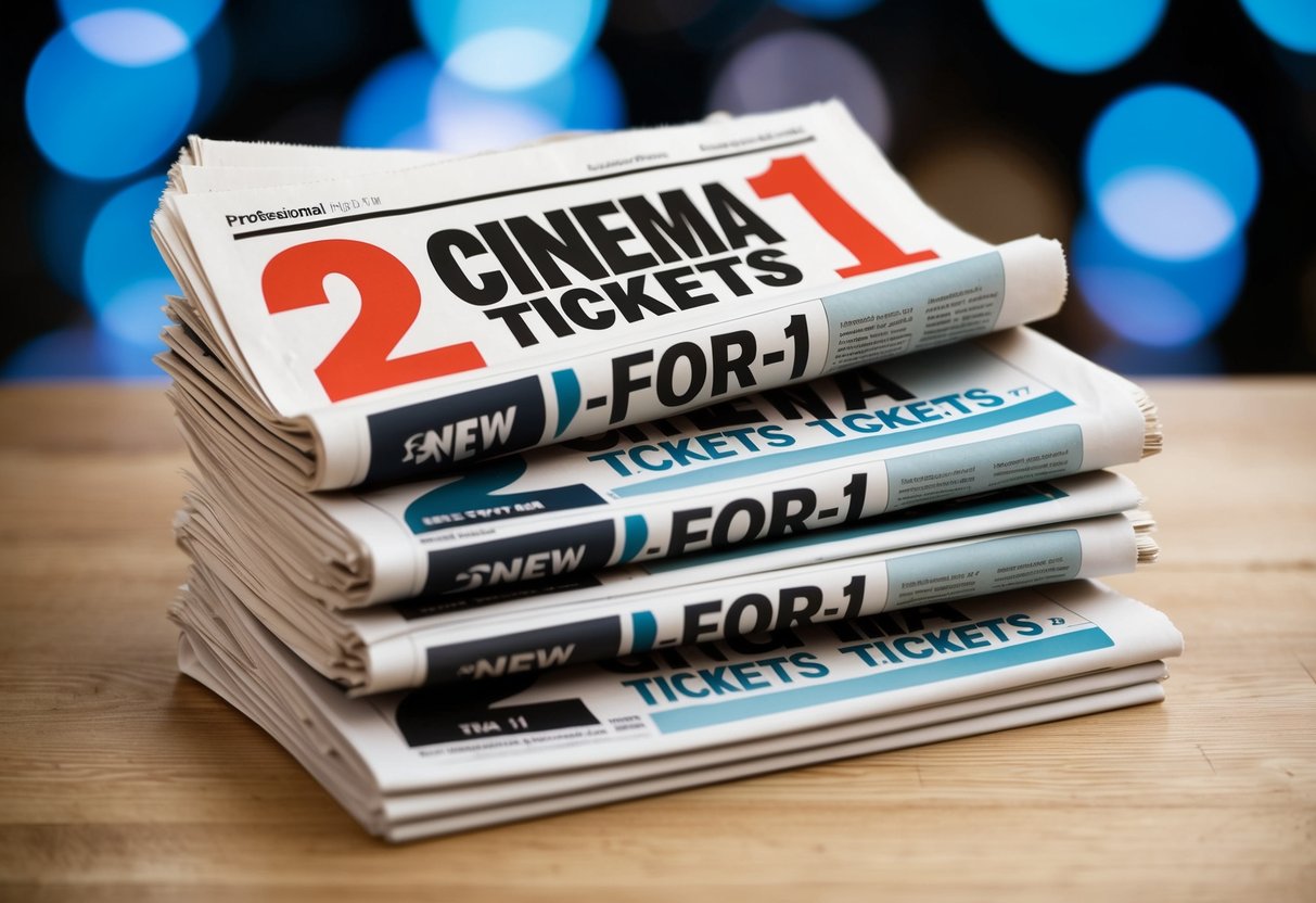 A stack of newspapers with "2-for-1 Cinema Tickets" promotions displayed prominently on the front page