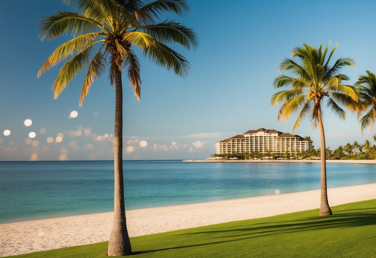 A sunny beach with palm trees, a calm ocean, and a luxurious resort in the background