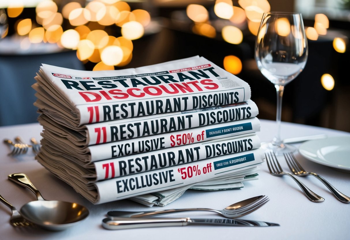 A stack of newspapers with bold "Exclusive Restaurant Discounts" promotions displayed on a table, surrounded by elegant dining utensils and a wine glass