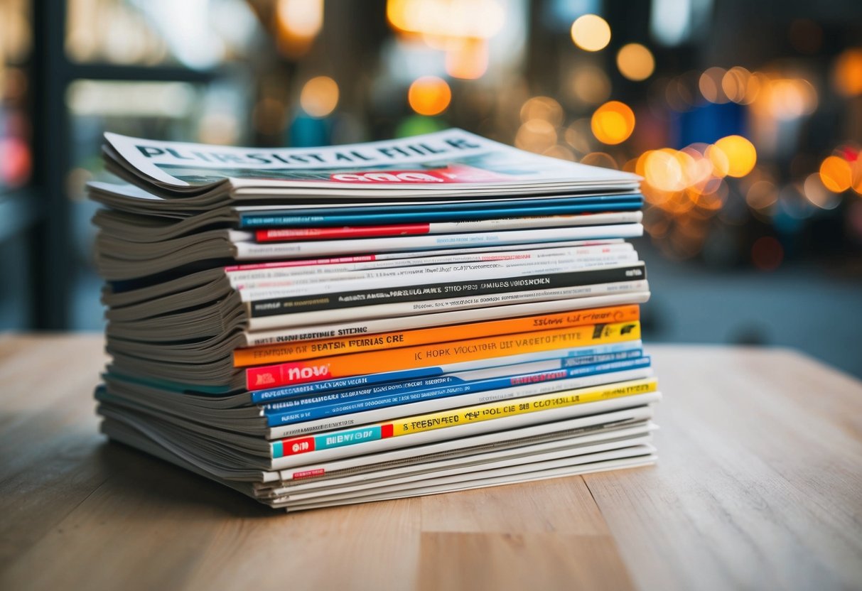 A stack of colorful magazines and newspapers with promotional stickers