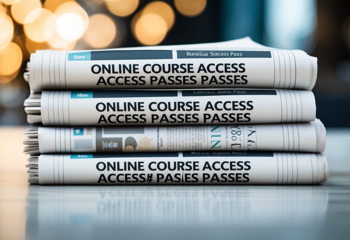 A stack of newspapers with "Online Course Access Passes" promotions displayed prominently on the front page