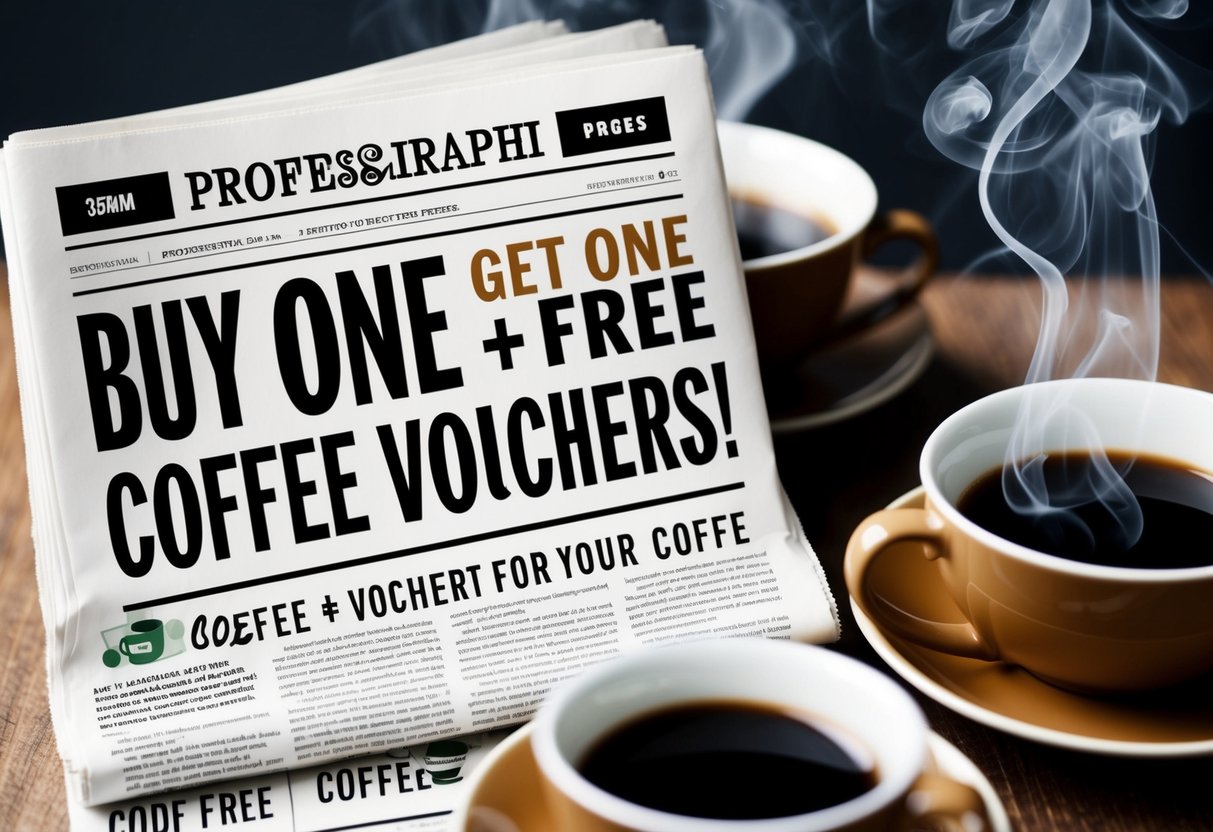 A newspaper with a bold headline promoting "Buy One Get One Free Coffee Vouchers" surrounded by coffee cups and steam