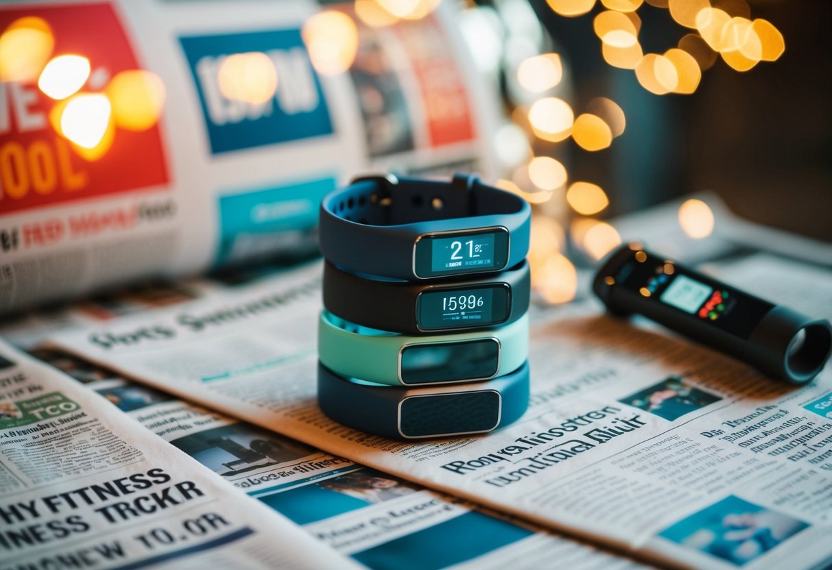 A stack of fitness trackers surrounded by newspaper promotions