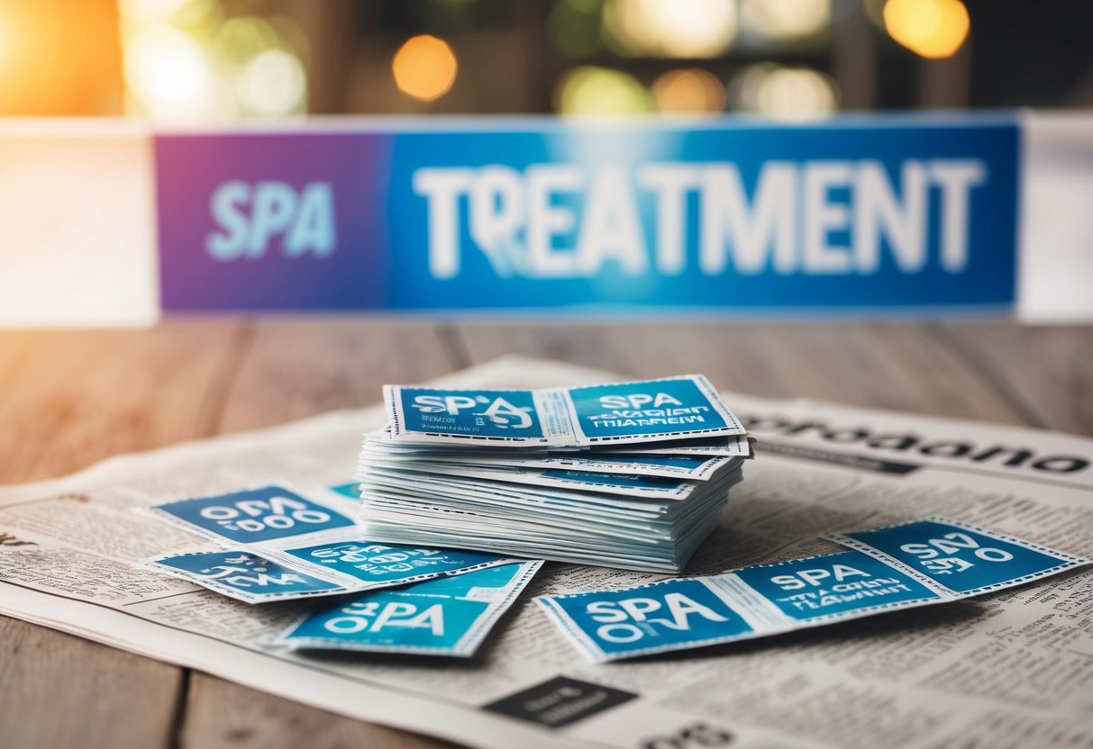 A stack of spa treatment coupons scattered on a newspaper with a promotional banner