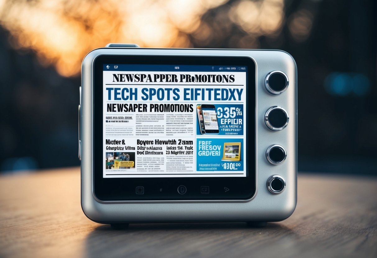 A tech gadget with a screen displays various newspaper promotions