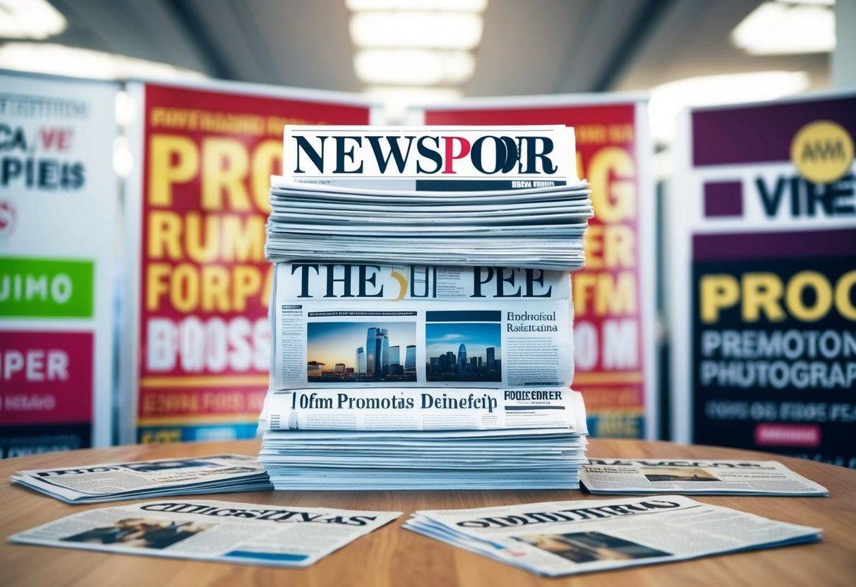 A stack of newspapers with eye-catching headlines and images, surrounded by promotional signs and banners