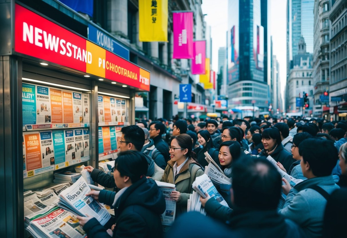 A bustling city street with a newsstand adorned with colorful promotional banners and a crowd of people eagerly grabbing newspapers
