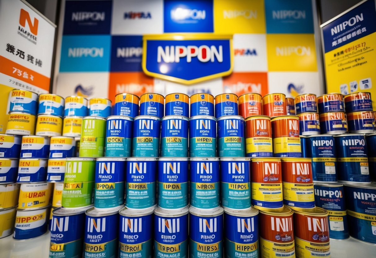 A colorful display of Nippon paint cans arranged in a visually appealing manner, with promotional banners and signage surrounding the products